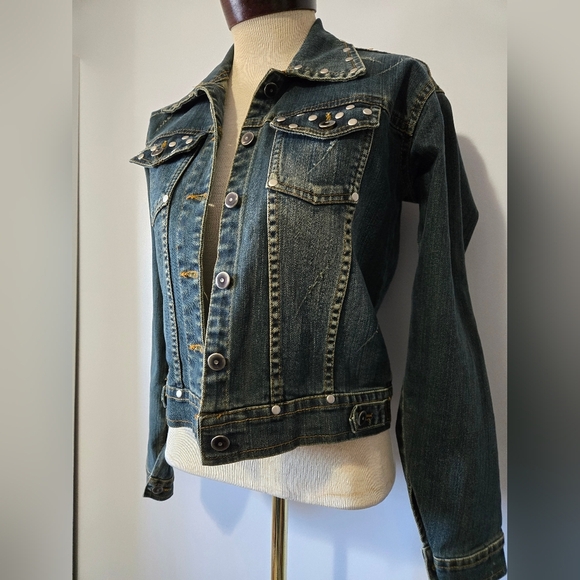 Max Plus Studded/ Scratched Denim Jacket. Size Small - Picture 2 of 13